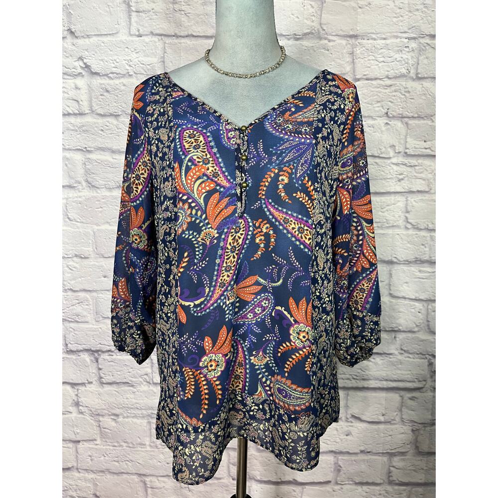 Chaps Semi-Sheer Patchwork Boho Tunic Blouse - image 1